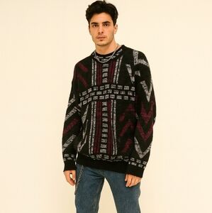 Vintage 90s Black & Burgundy Geometric Pattern Oversized Sweater